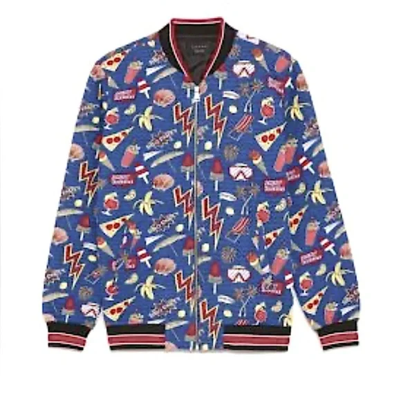 Zara Men’s Jacquard Blue Junk Food Graphic Bomber Jacket size large